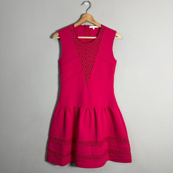Maje Eyelet Scuba Fit & Flare Mini Dress Women's 2 Medium Pink Cocktail Party - Picture 3 of 13